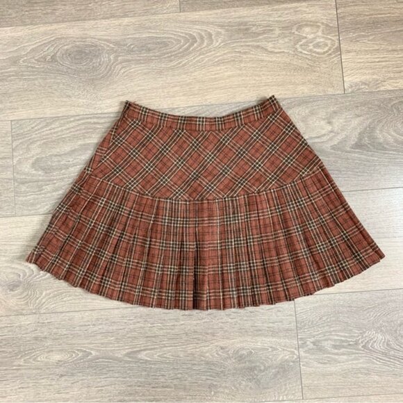 Aakaa Pleated Plaid Mini Skirt High Rise waist Brown Size Small Preppy Academia - Picture 7 of 11